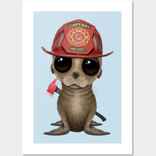 Cute Baby Sea Lion Firefighter Posters and Art